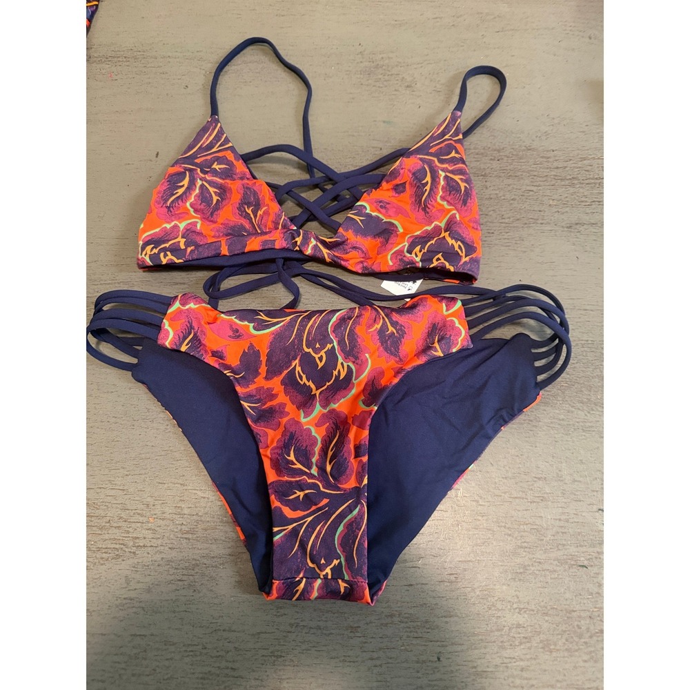 L*Space Floral Strappy Bikini Set Orange Purple Navy Blue Small